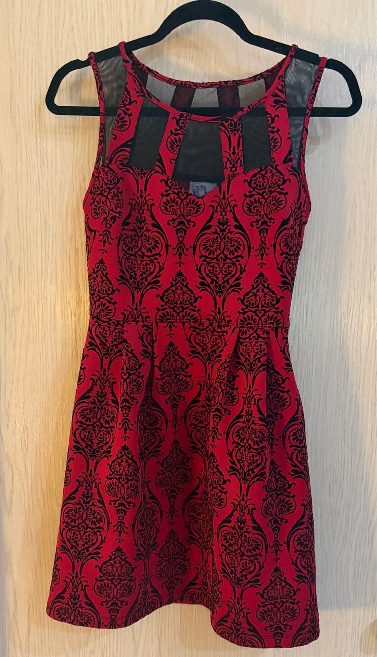 Sweet Storm Red Black Dress Size S Mesh Fit Flare Damask Gothic Party Mini